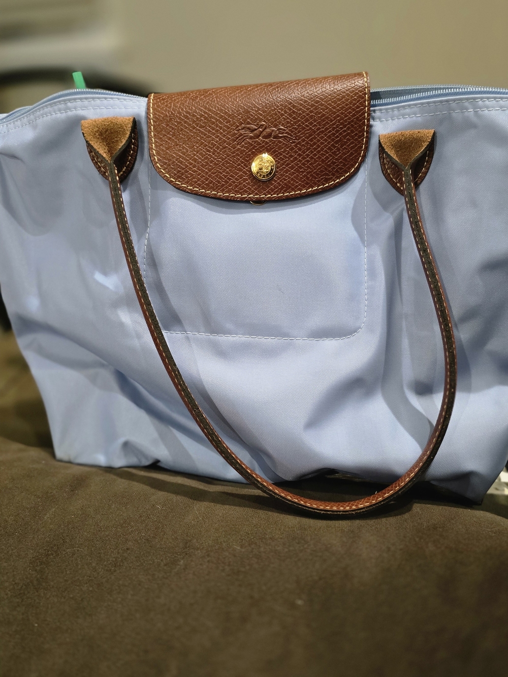 Longchamp Light Blue Tote with Brown Leather Trim